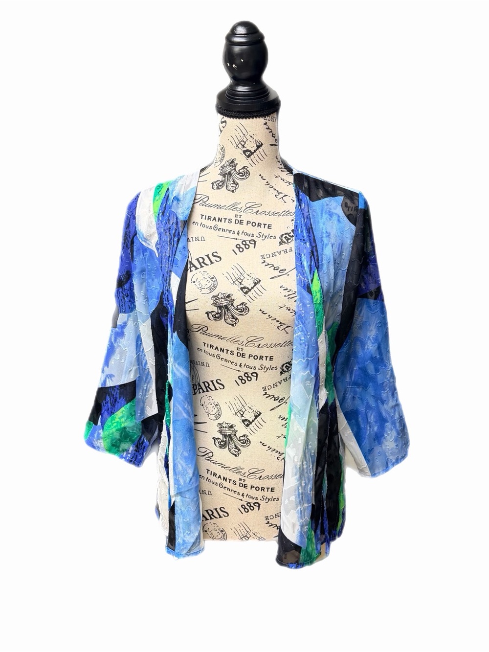 Chico's Easywear Abstract Majestic Blue Tie Front Lightweight Cardi Jacket Sz 0